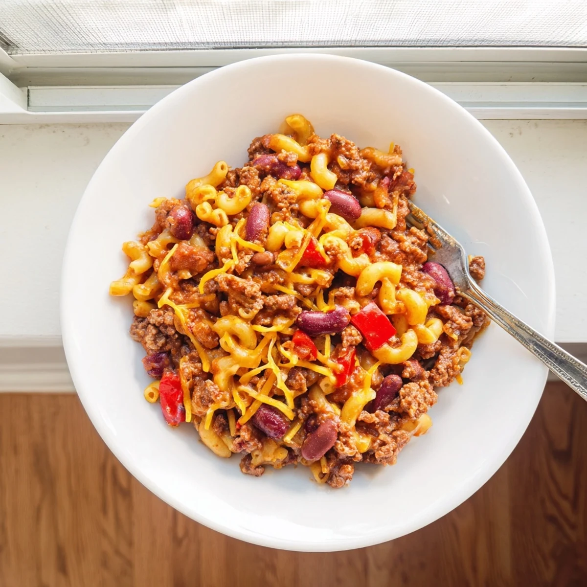Hearty bowl of beef chili mac pasta topped with golden mozzarella cheese