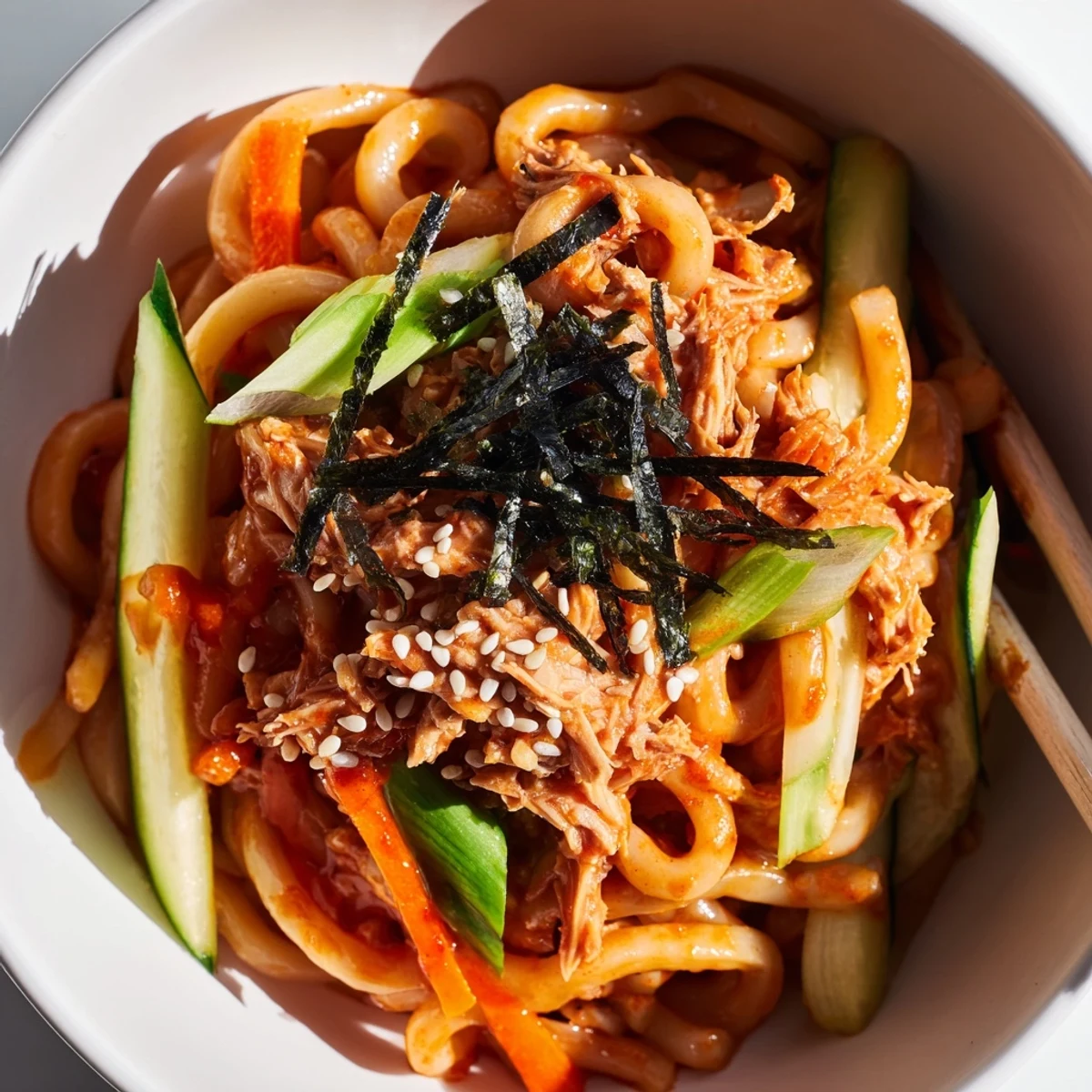 Steamy bowl of spicy tuna udon noodles tossed with colorful julienned carrots and fresh cucumber slices
