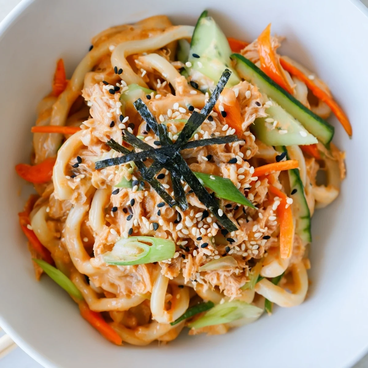 Japanese-inspired spicy tuna udon featuring vibrant vegetables, toasted nori pieces, and a drizzle of savory sesame oil