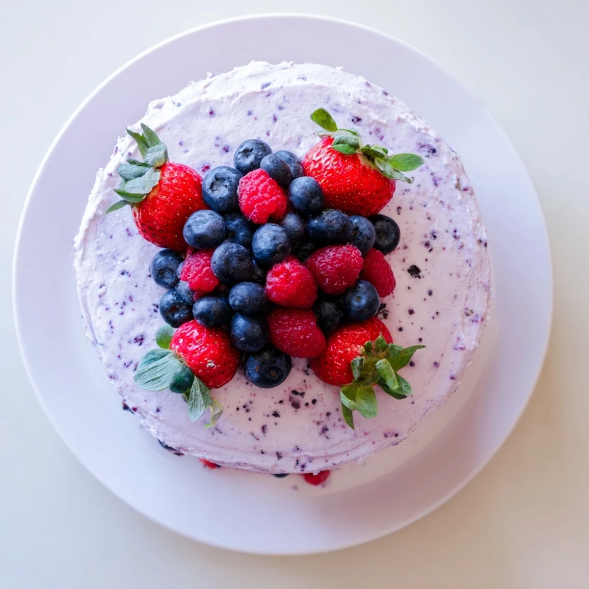 Golden basil berry cake slice topped with purple frosting and garnished with fresh strawberries