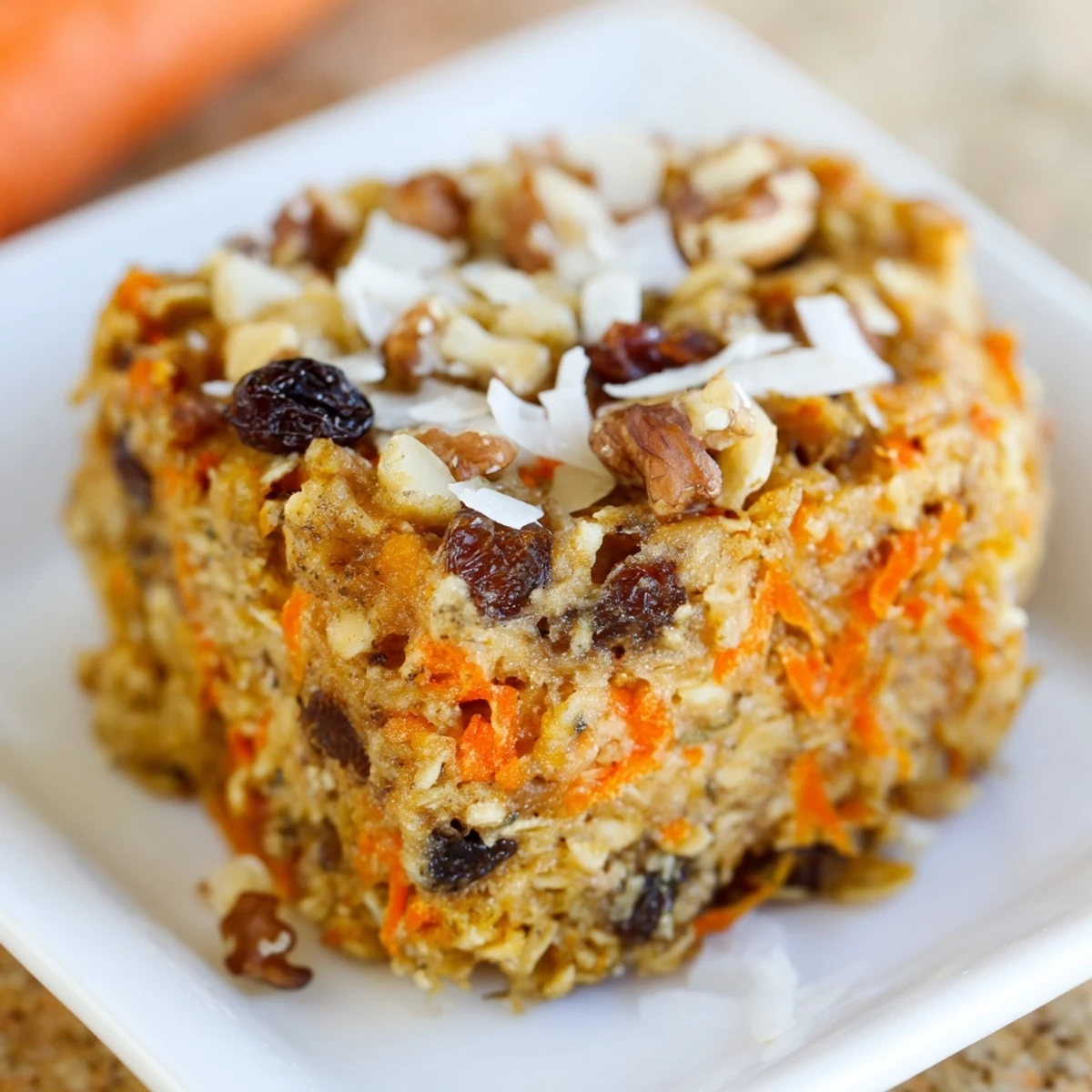 Golden carrot cake baked oatmeal with grated carrots, walnuts, and raisins in a square baking dish