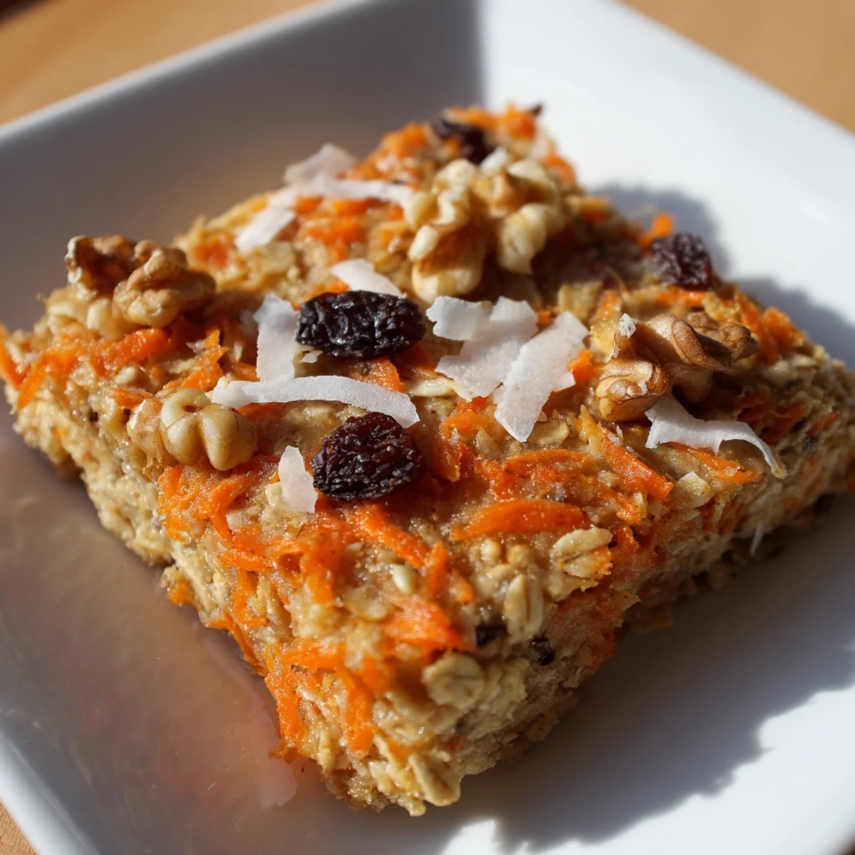Warm slice of carrot cake baked oatmeal topped with chopped pecans and sweet raisins for breakfast