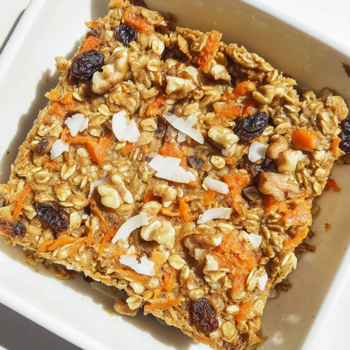 Fluffy carrot cake baked oatmeal served in a bowl with shredded coconut and maple syrup drizzle