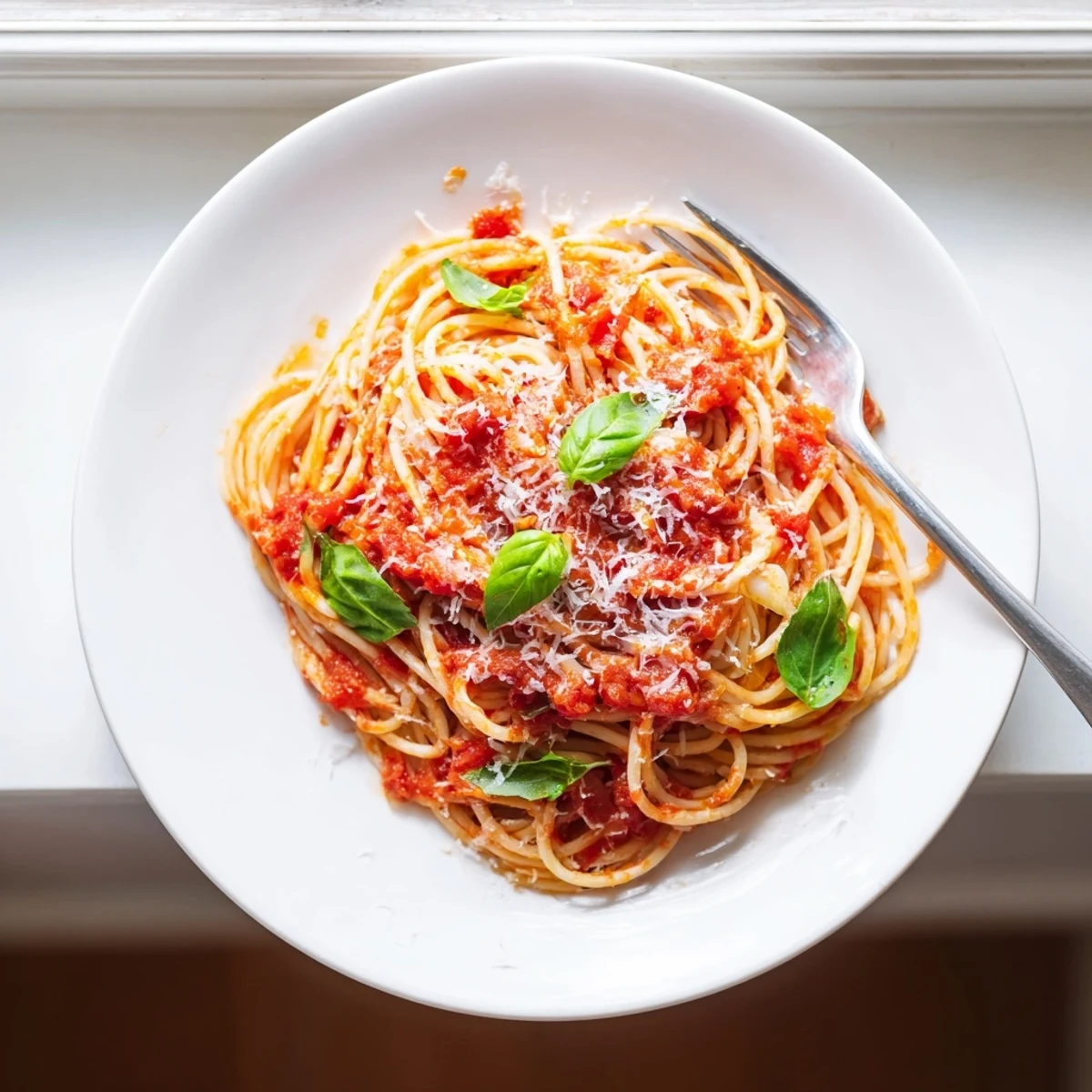 Classic pasta recipe featuring tender noodles coated in rich homemade tomato sauce with fresh basil garnish