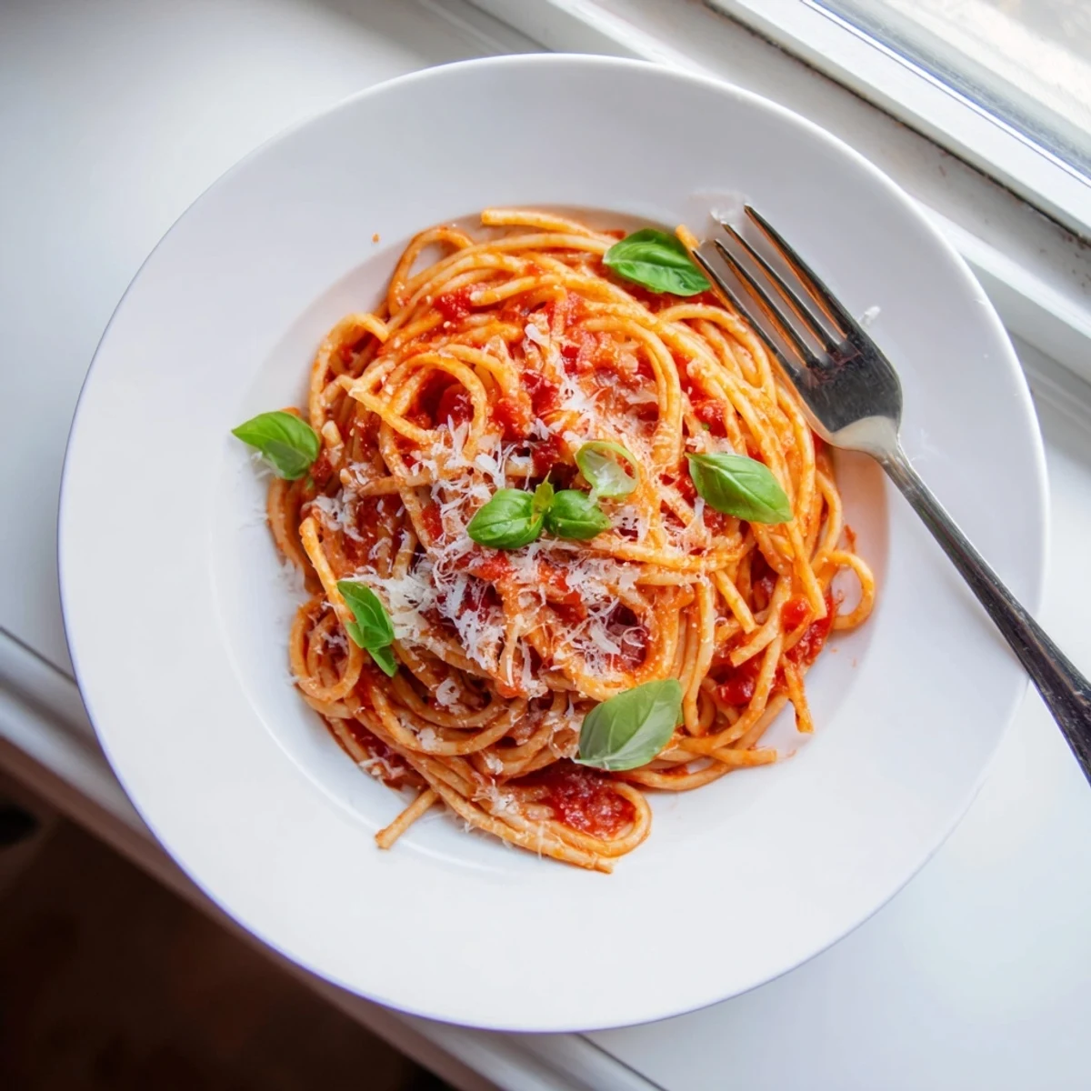 Savory pasta plated with tangy tomato sauce, aromatic herbs, and a sprinkle of fresh cheese for a comforting meal