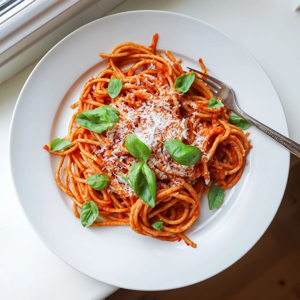 Hearty Italian pasta dish showcasing al dente noodles smothered in flavorful crushed tomato sauce and grated Parmesan