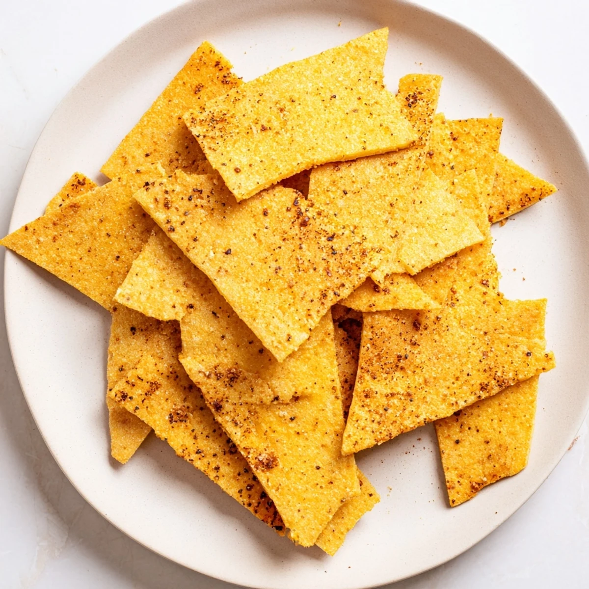 Golden crispy chickpea chips arranged on a wooden board with a side of creamy hummus