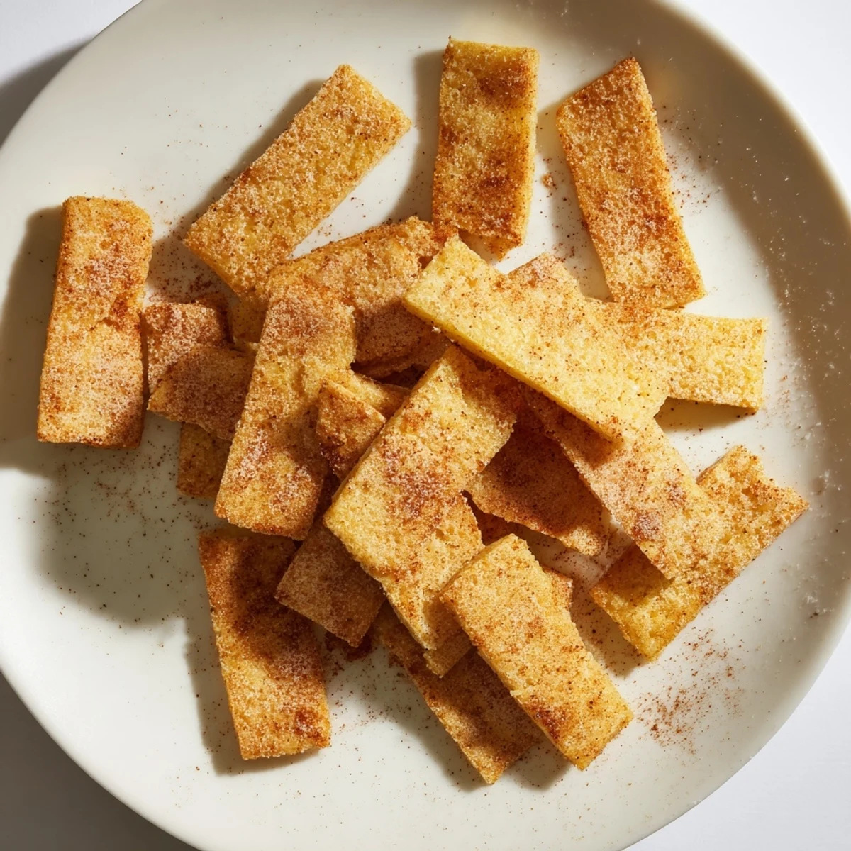 Baked gluten-free chickpea chips scattered on a white plate with rosemary sprinkles and olive oil drizzle