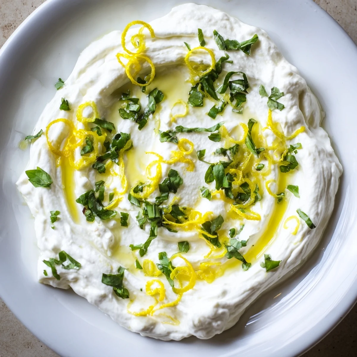 Creamy whipped ricotta topped with fresh herbs and olive oil on a rustic wooden board