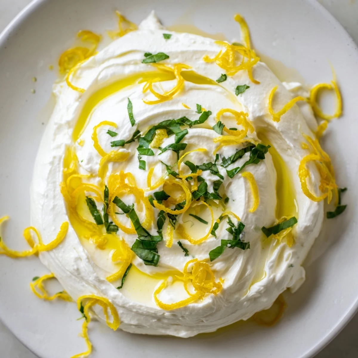 Light and airy whipped ricotta cheese bowl garnished with lemon zest and cracked black pepper
