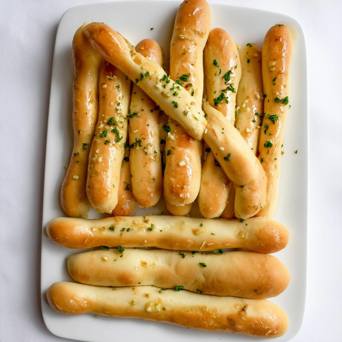 Soft fluffy homemade garlic breadsticks brushed with savory herb butter for dipping