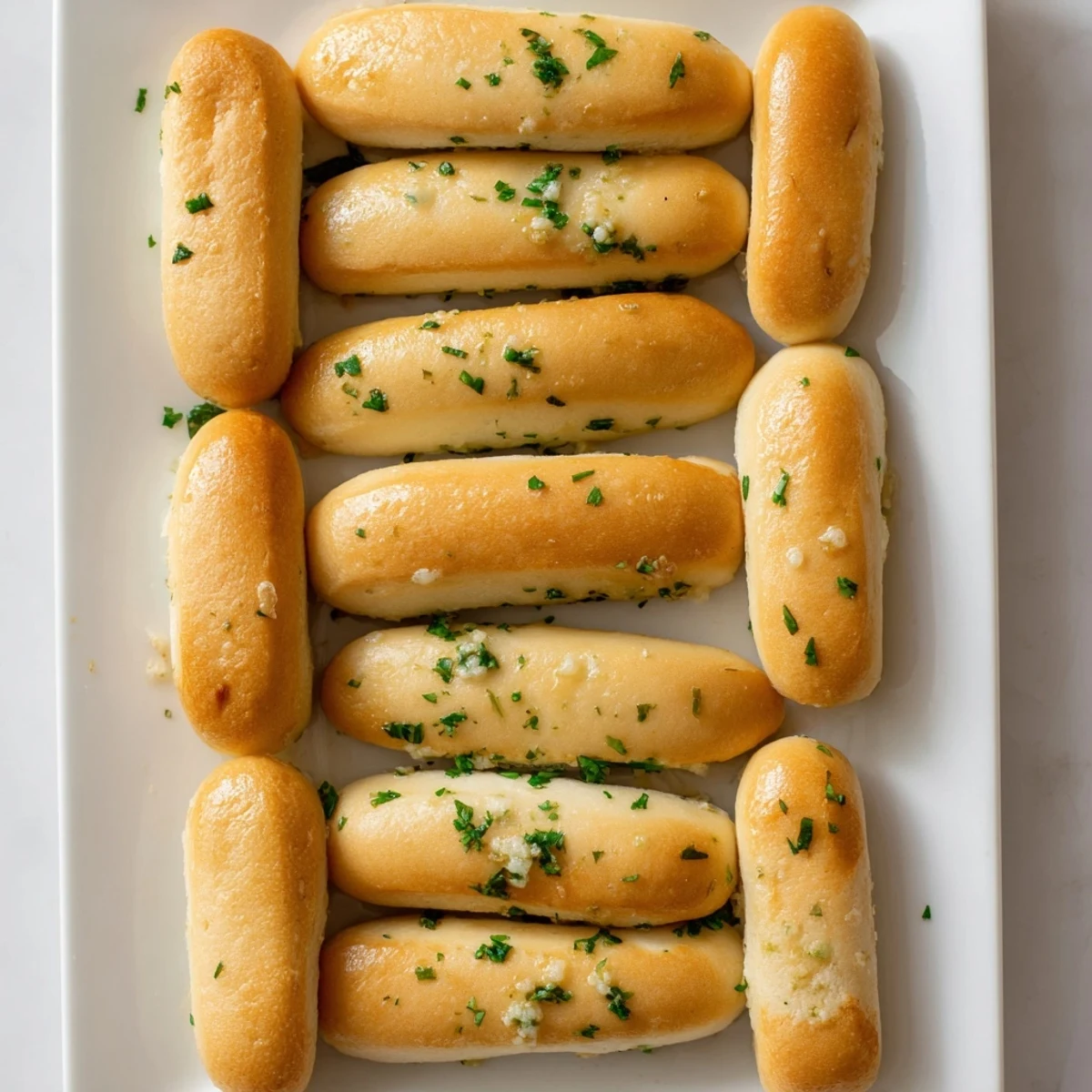 Golden garlic breadsticks fresh from the oven with melted butter and parsley