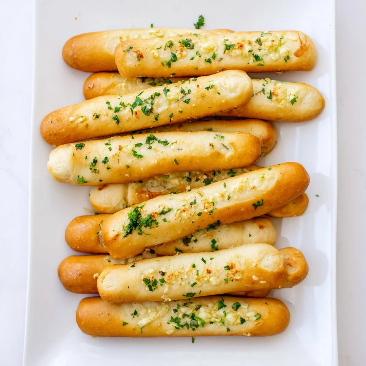 Warm Italian-style garlic breadsticks arranged on baking sheet ready for serving alongside pasta
