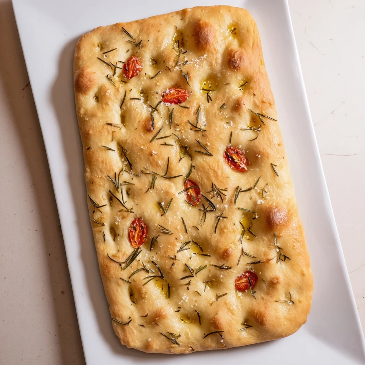 Golden homemade focaccia bread topped with fresh rosemary and flaky sea salt