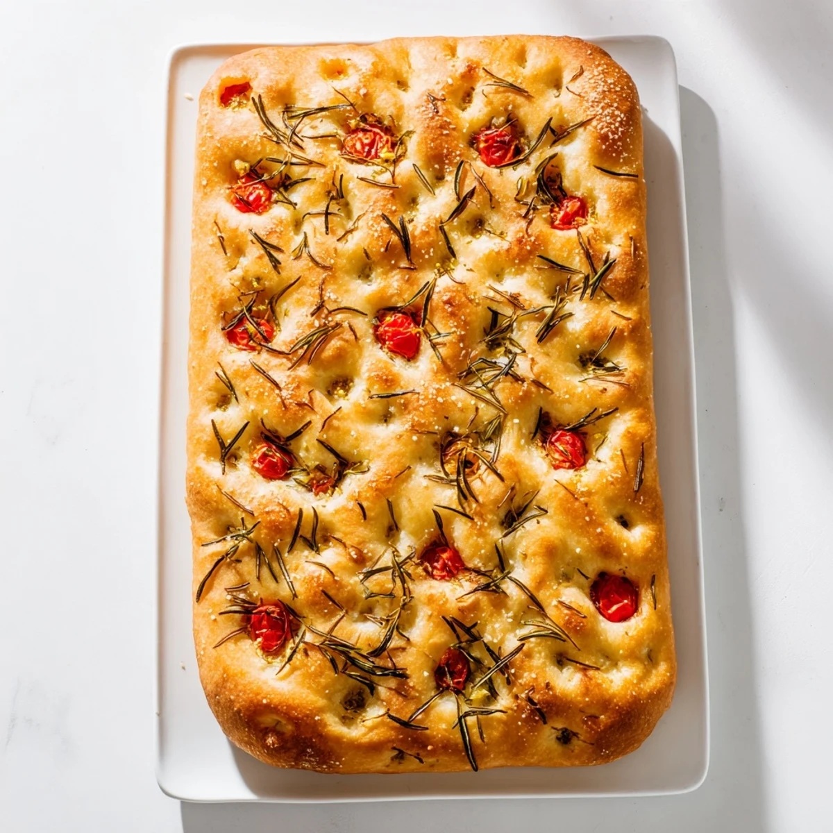 Italian focaccia flatbread with dimpled surface drizzled with olive oil and herbs