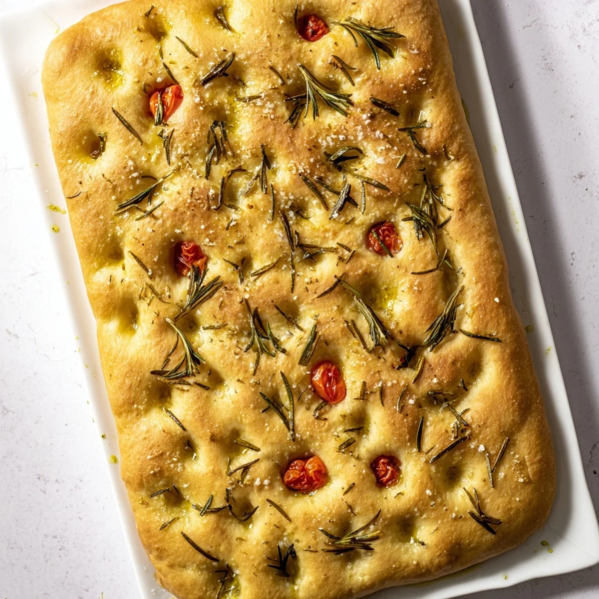 Crispy outside, soft inside focaccia sprinkled with rosemary and coarse salt crystals