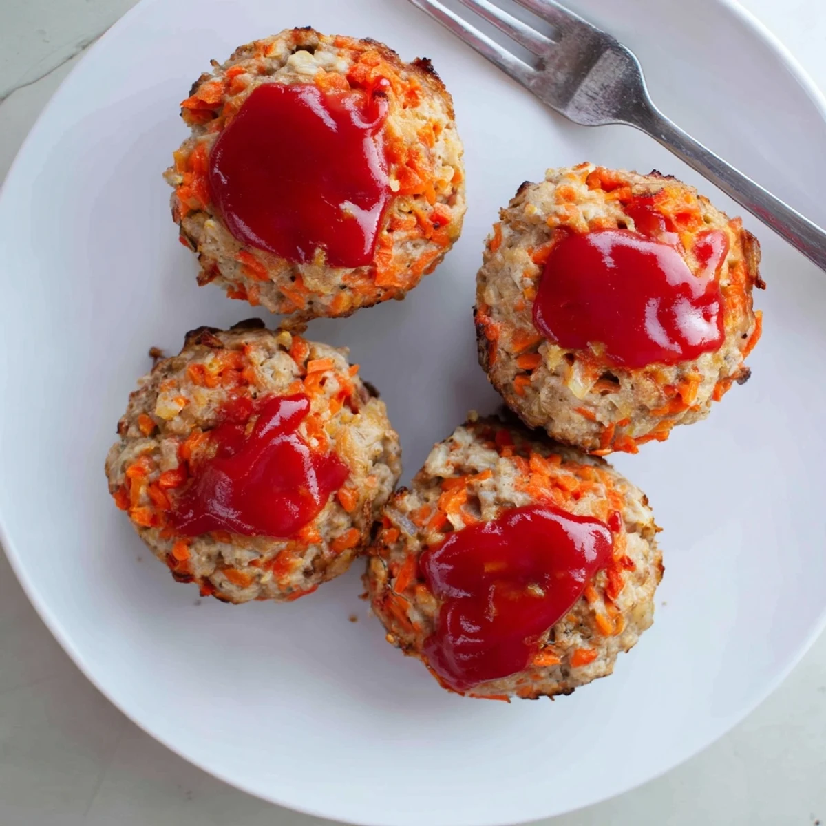 Mini turkey meatloaf muffins topped with savory ketchup glaze on white plate