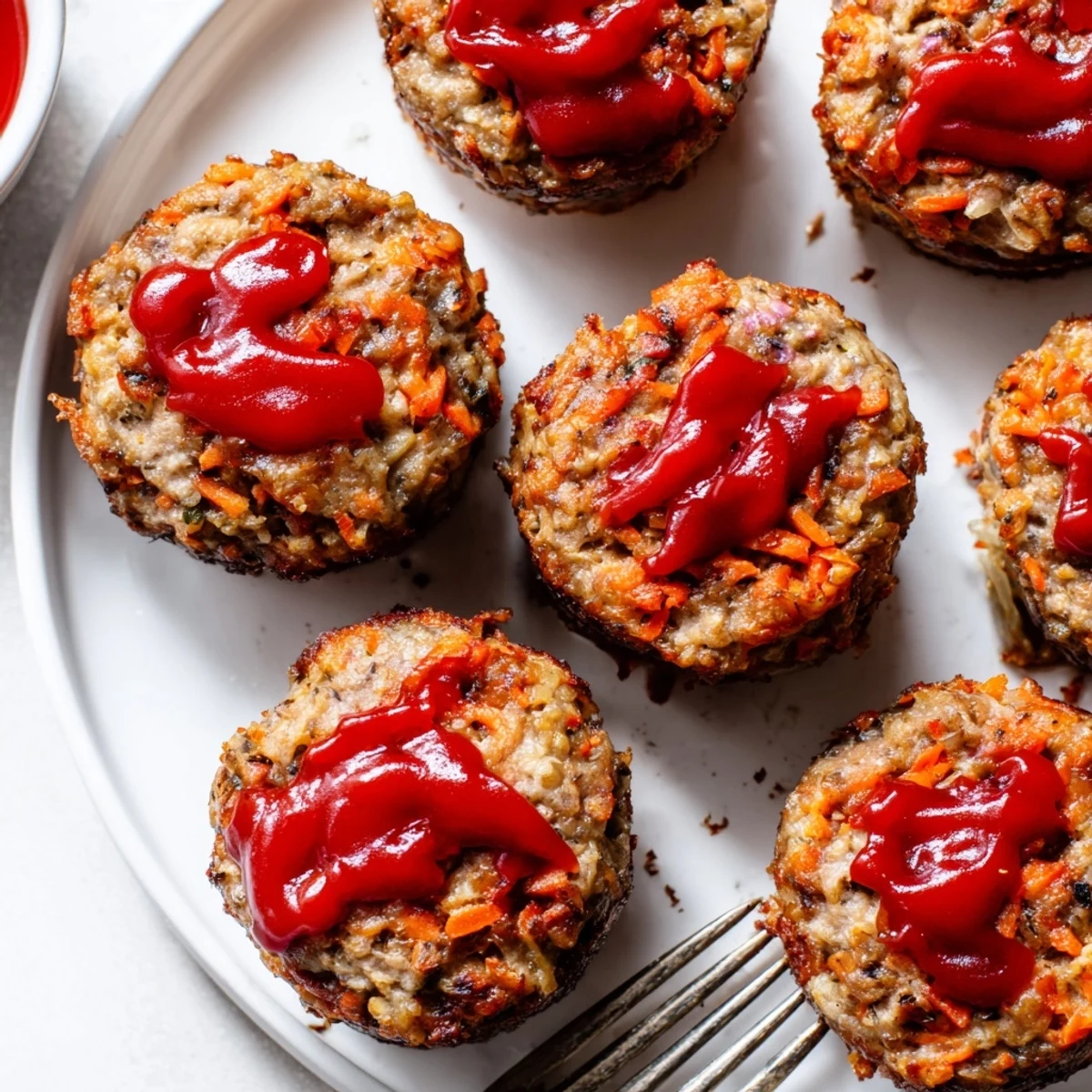 Golden brown turkey meatloaf muffins glazed with ketchup in a muffin tin