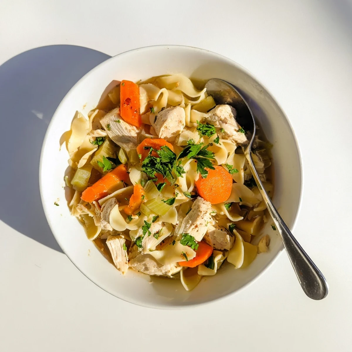Golden one pot chicken and noodles simmering in savory broth with fresh parsley garnish