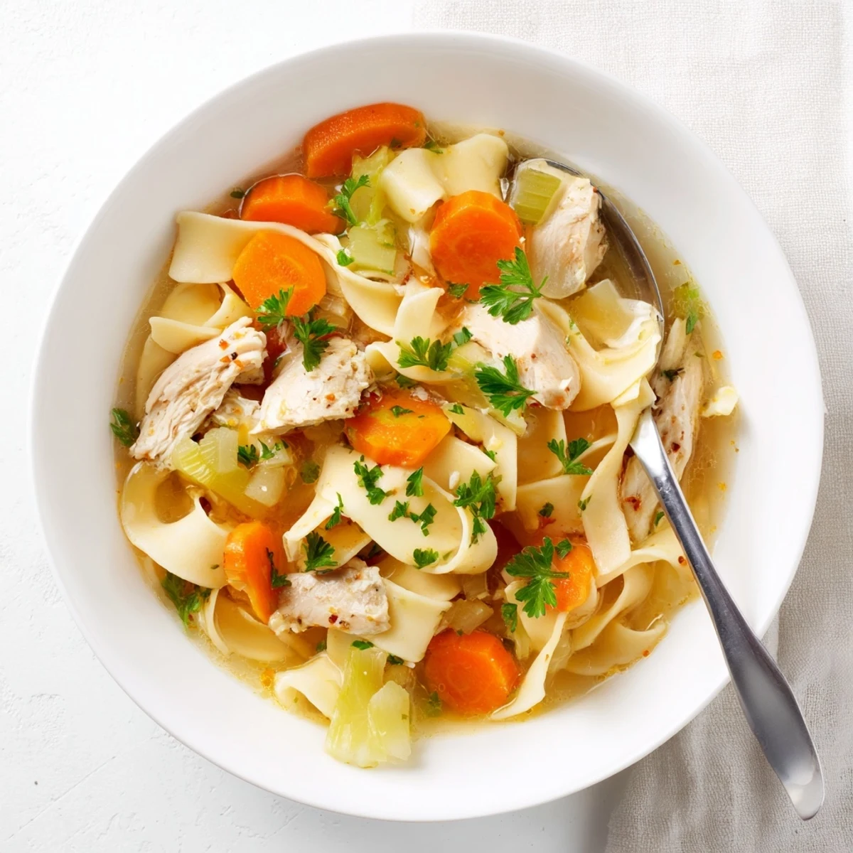 Hearty one pot chicken and noodles featuring tender meat, egg noodles, and colorful vegetables