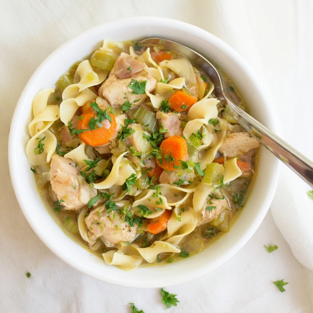 Creamy one pot chicken and noodles in a bowl with chopped parsley and rich broth