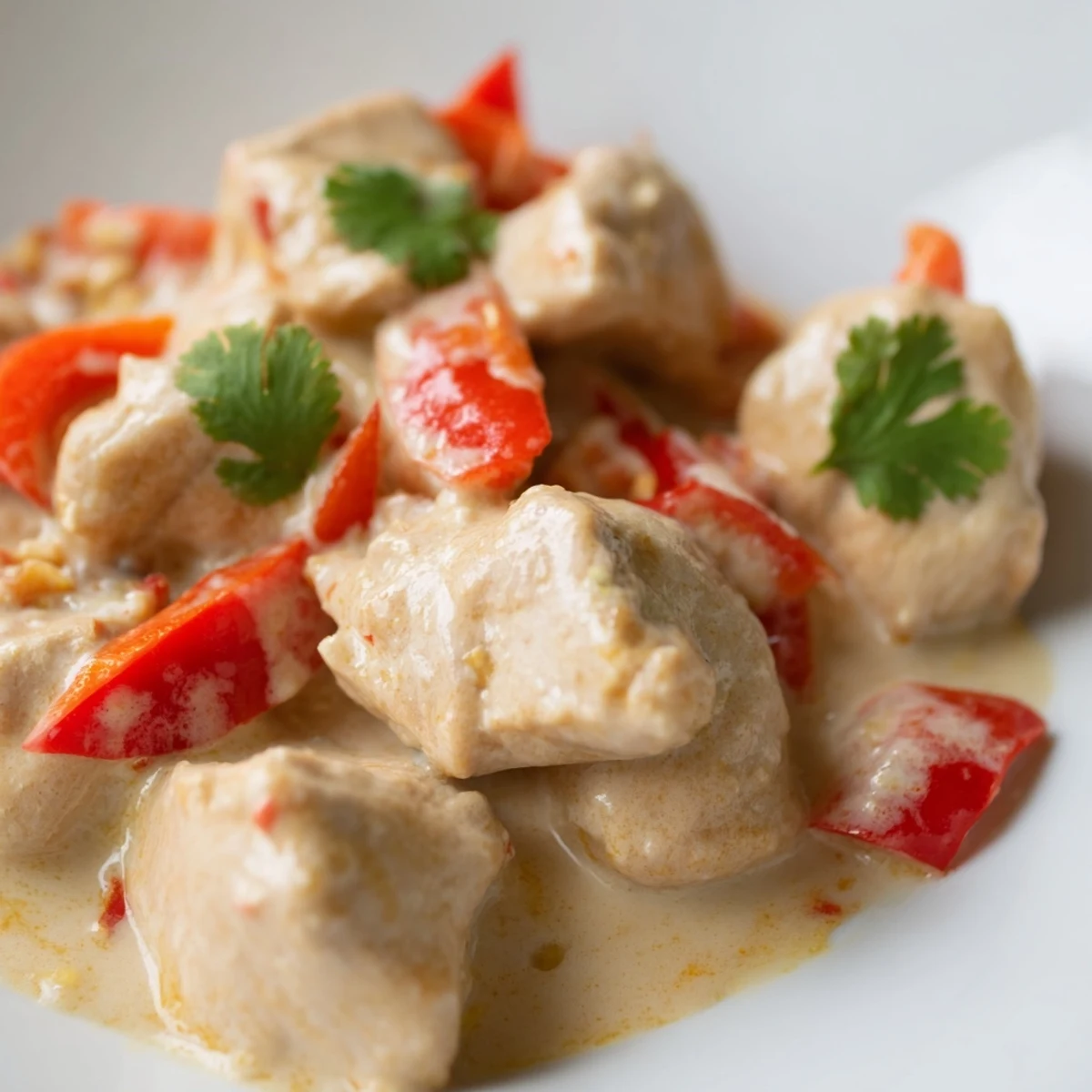 Golden chicken pieces swim in rich coconut milk sauce topped with fresh cilantro