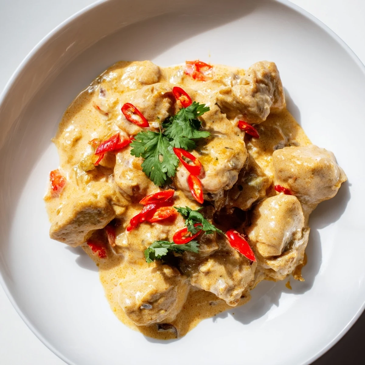Creamy spicy Brazilian coconut chicken simmered with red bell pepper and fragrant garlic