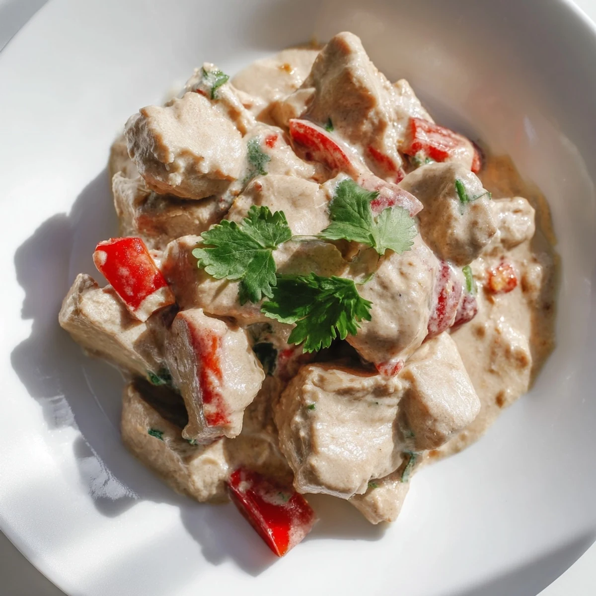 Tender chicken thighs in zesty coconut curry sauce garnished with lime wedges