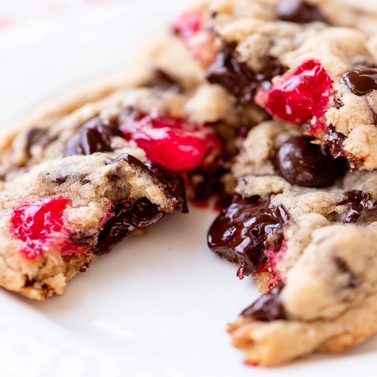 Soft chewy maraschino cherry chocolate chip cookies studded with bright red cherries and melted chocolate