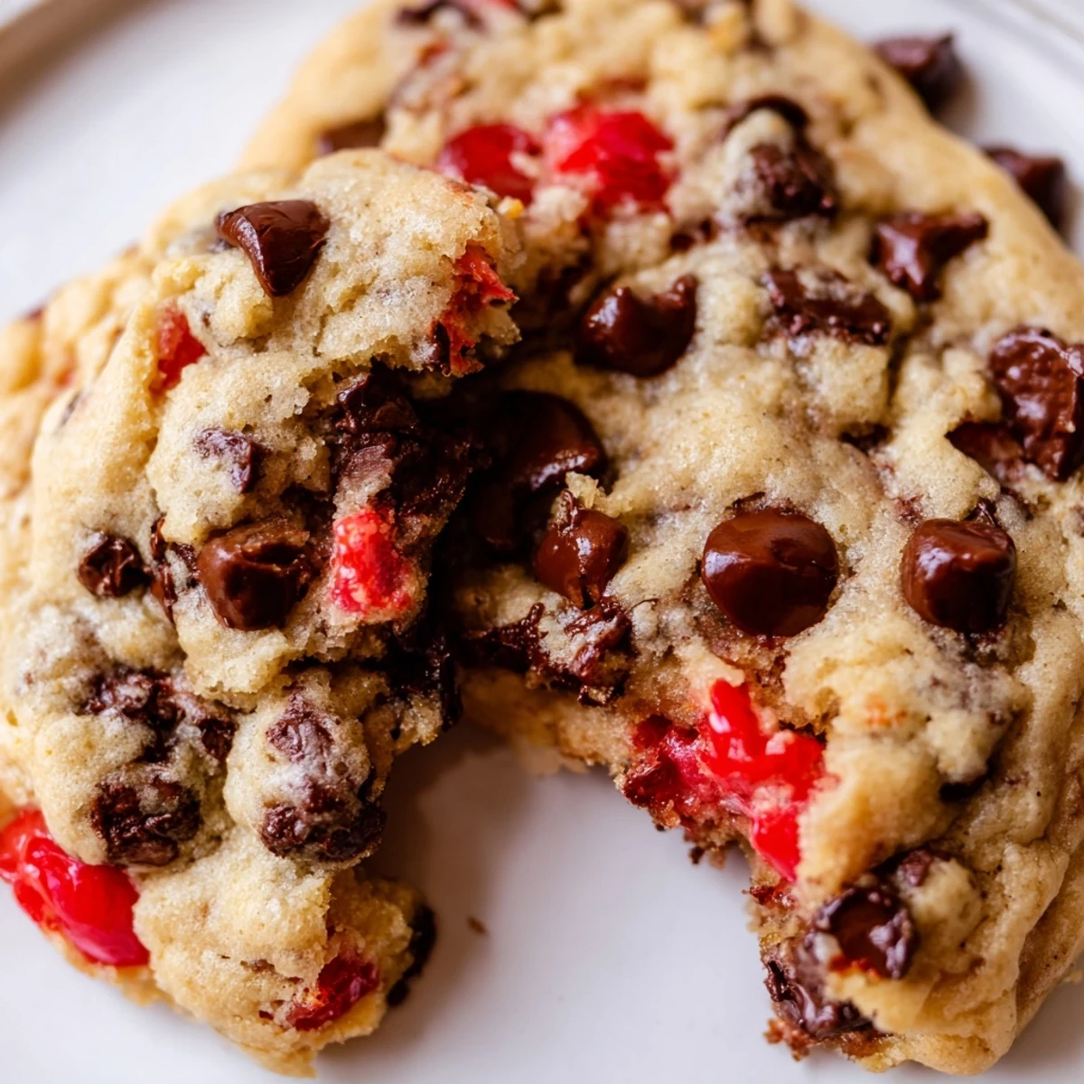 Freshly baked maraschino cherry chocolate chip cookies on a cooling rack with golden edges