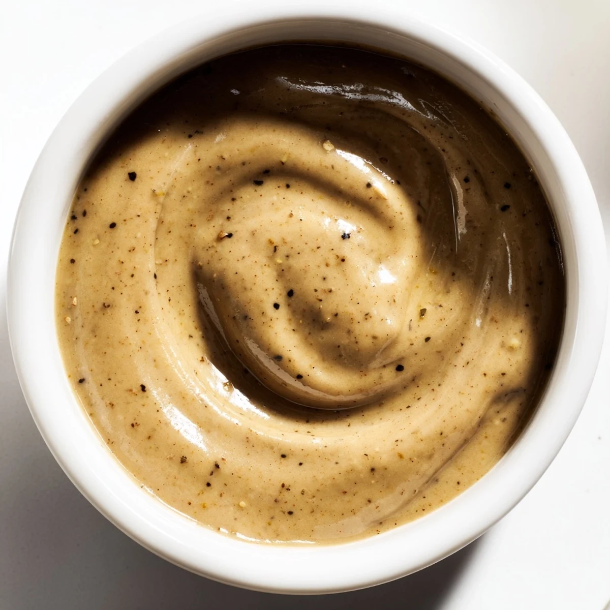 Glass jar of creamy balsamic vinaigrette drizzled over fresh mixed green salad