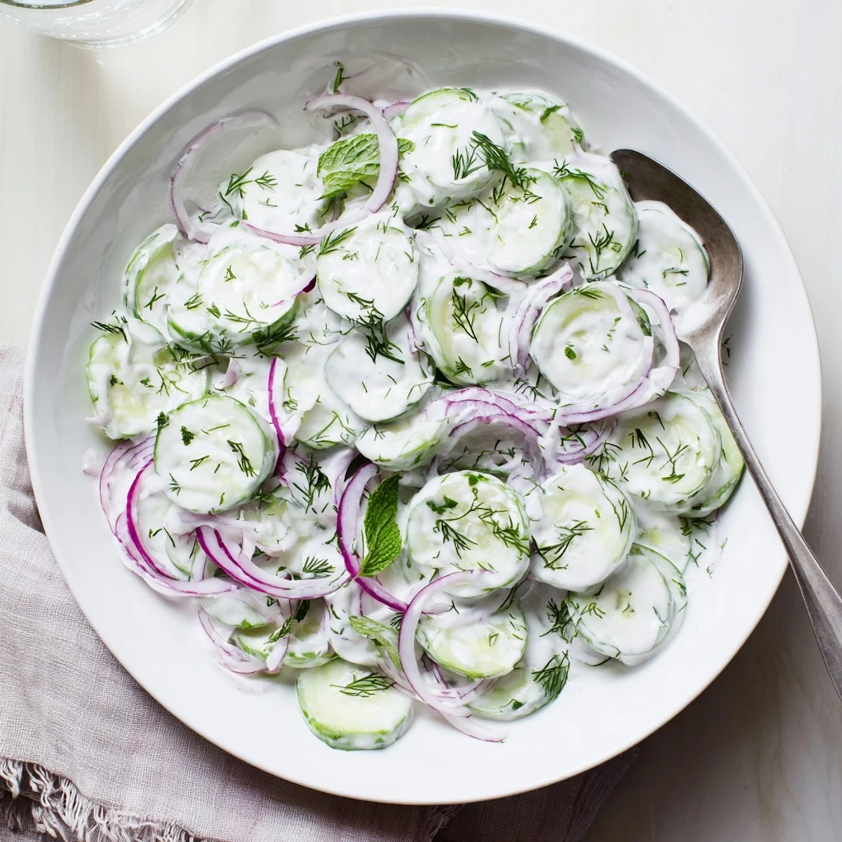 Fresh Greek yogurt cucumber salad with crisp sliced cucumbers in a creamy white dressing bowl
