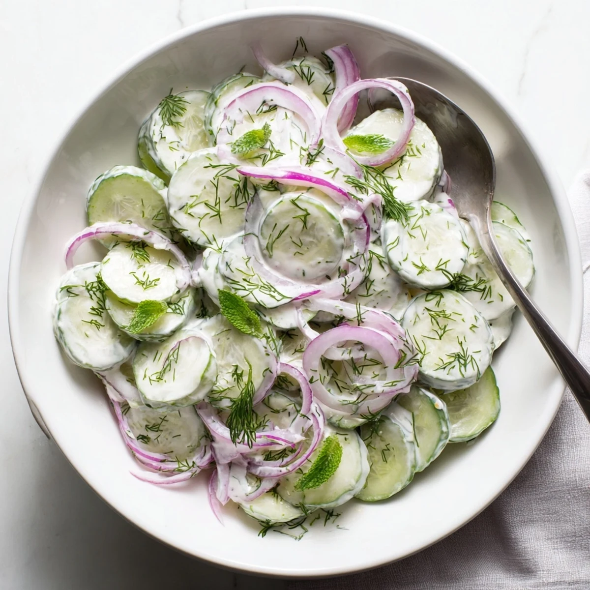 Refreshing Greek yogurt cucumber salad served cold with tangy yogurt sauce and herb garnish