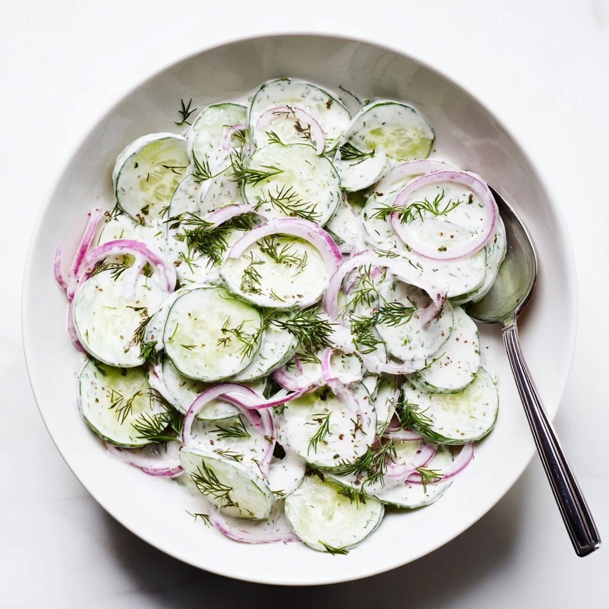 Creamy Greek yogurt cucumber salad featuring crisp cucumber slices, red onion, and fresh green dill