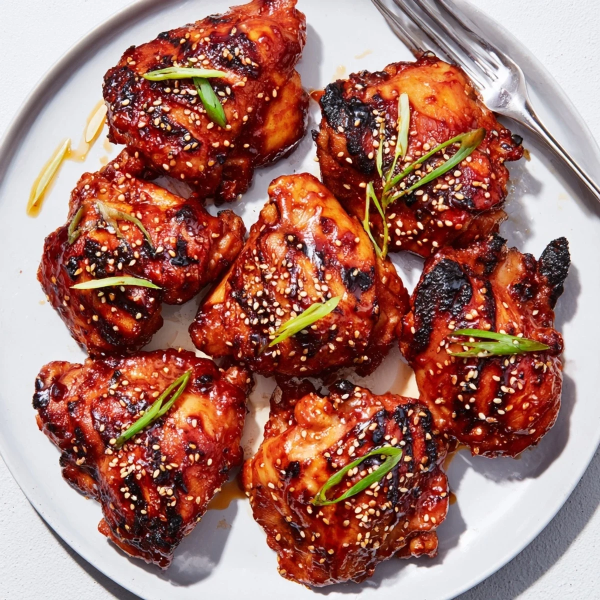 Juicy Korean Chicken Thighs glazed with caramelized soy-garlic, garnished with scallions.
