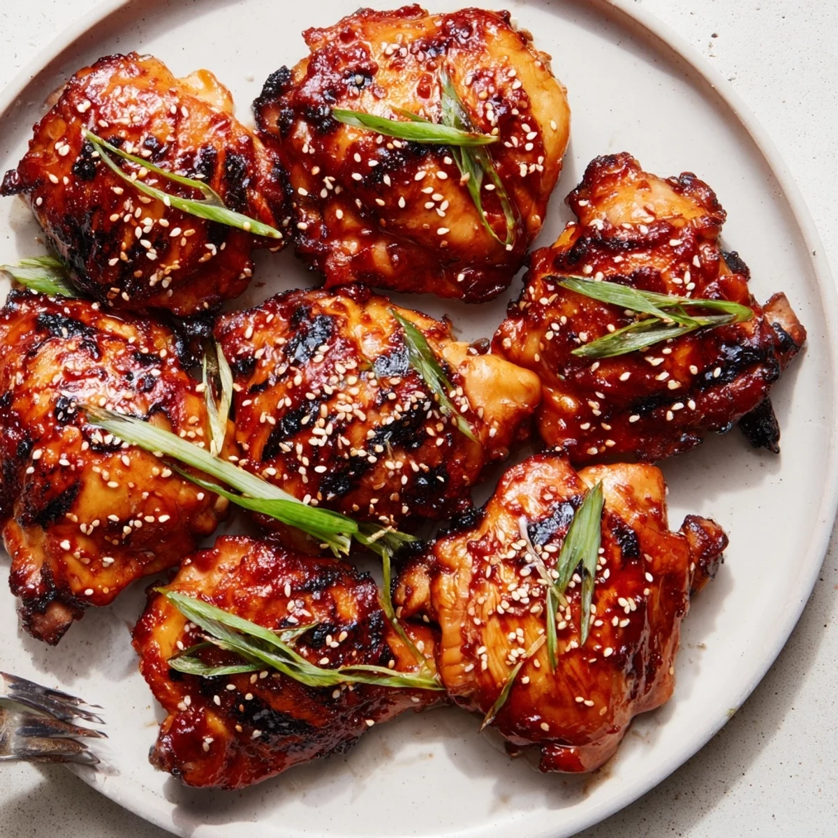 Grilled Juicy Korean Chicken Thighs with sticky gochujang glaze, sesame crunch.