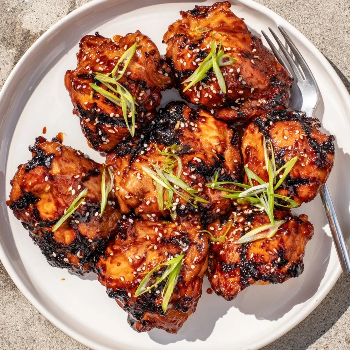 Oven-roasted Juicy Korean Chicken Thighs steaming on platter beside fluffy steamed rice.