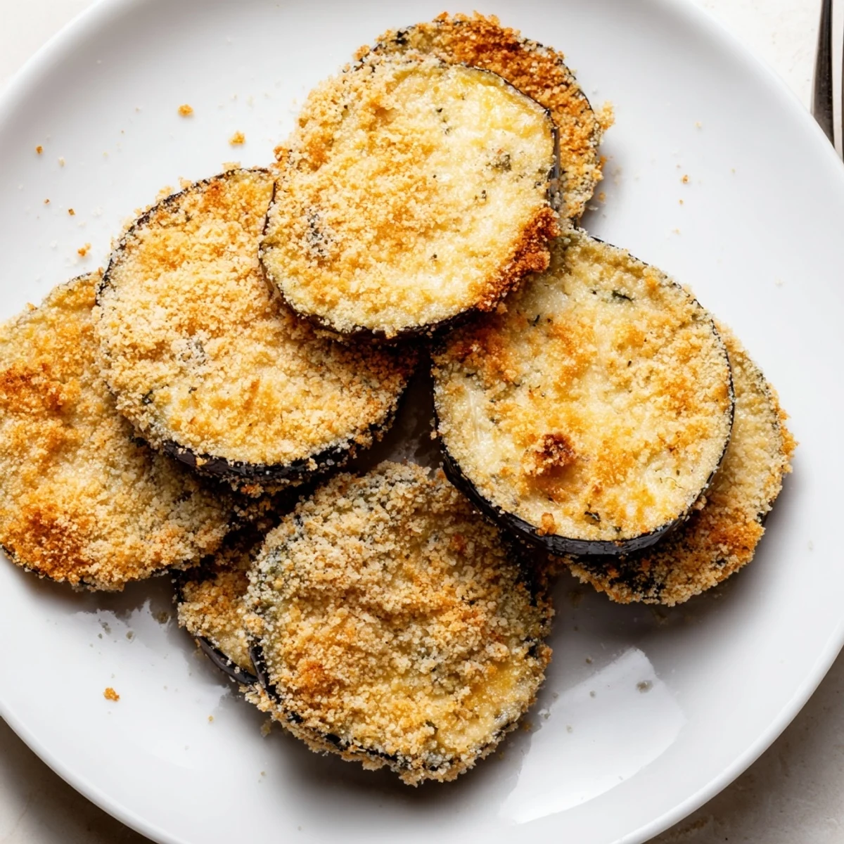 Baking sheet of Crispy Baked Eggplant rounds, Parmesan-crusted and lightly oiled