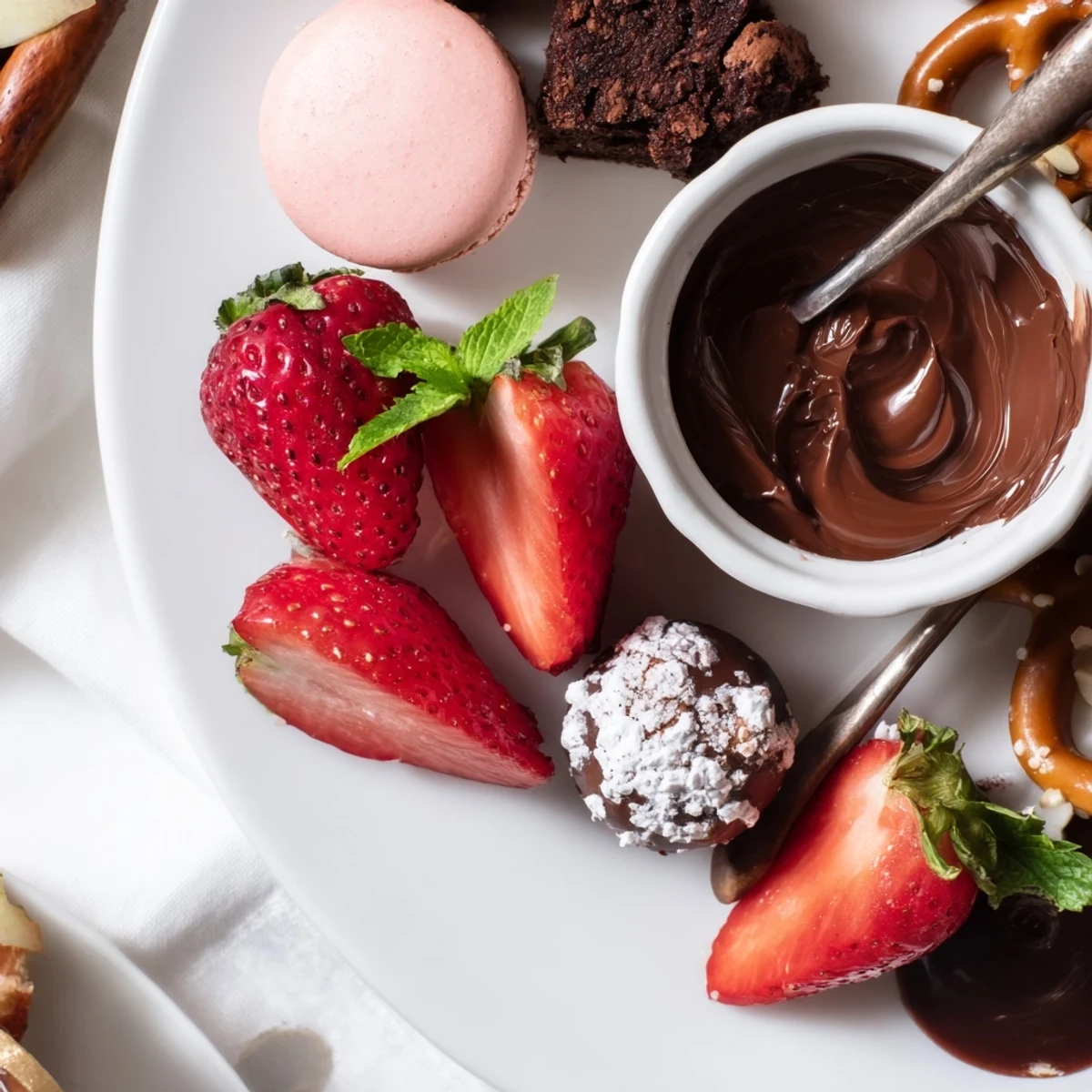 Dessert Charcuterie Board piled with strawberries, chocolates, cookies, ready to serve
