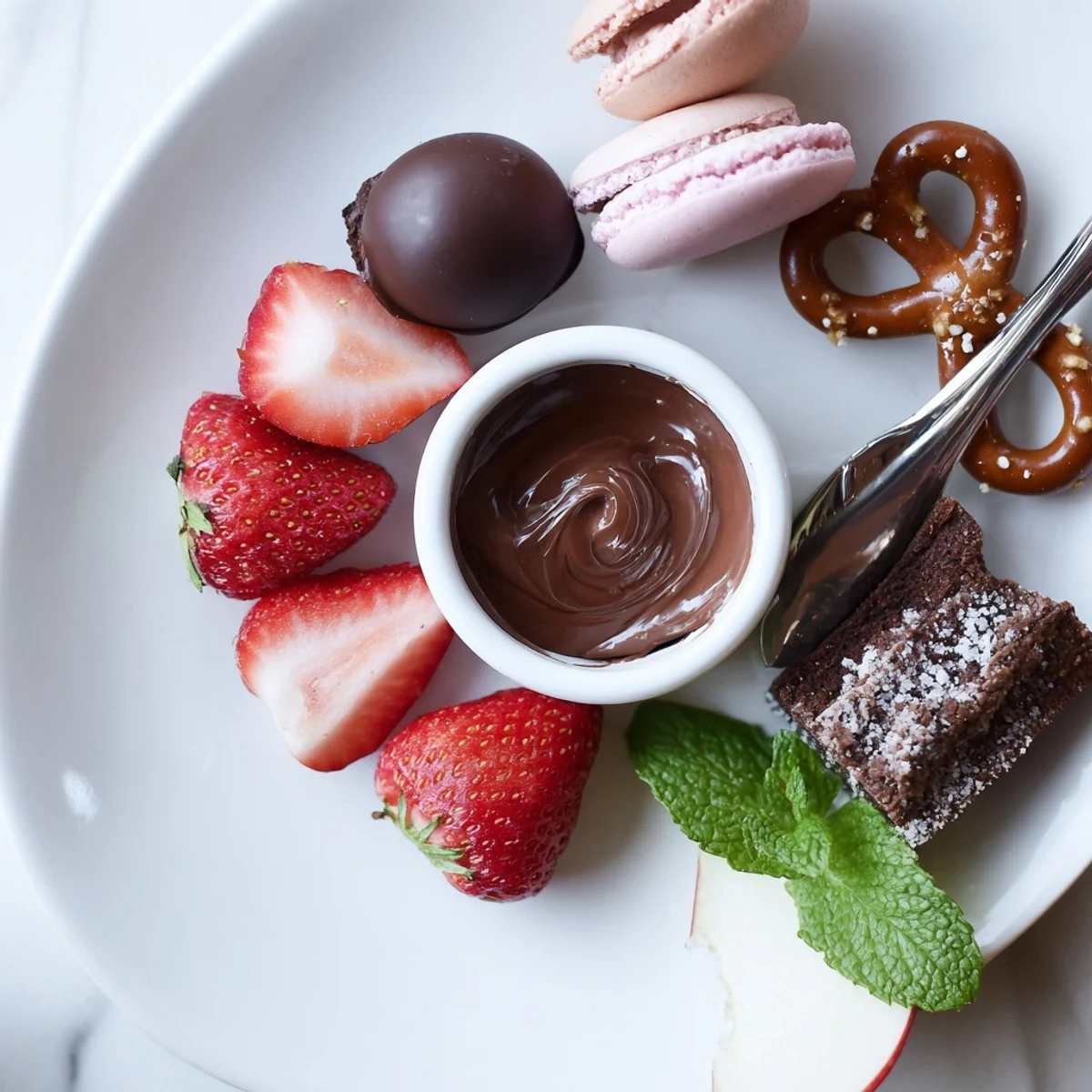 Close-up of Dessert Charcuterie Board showing velvety chocolate, juicy berries, dipping sauces