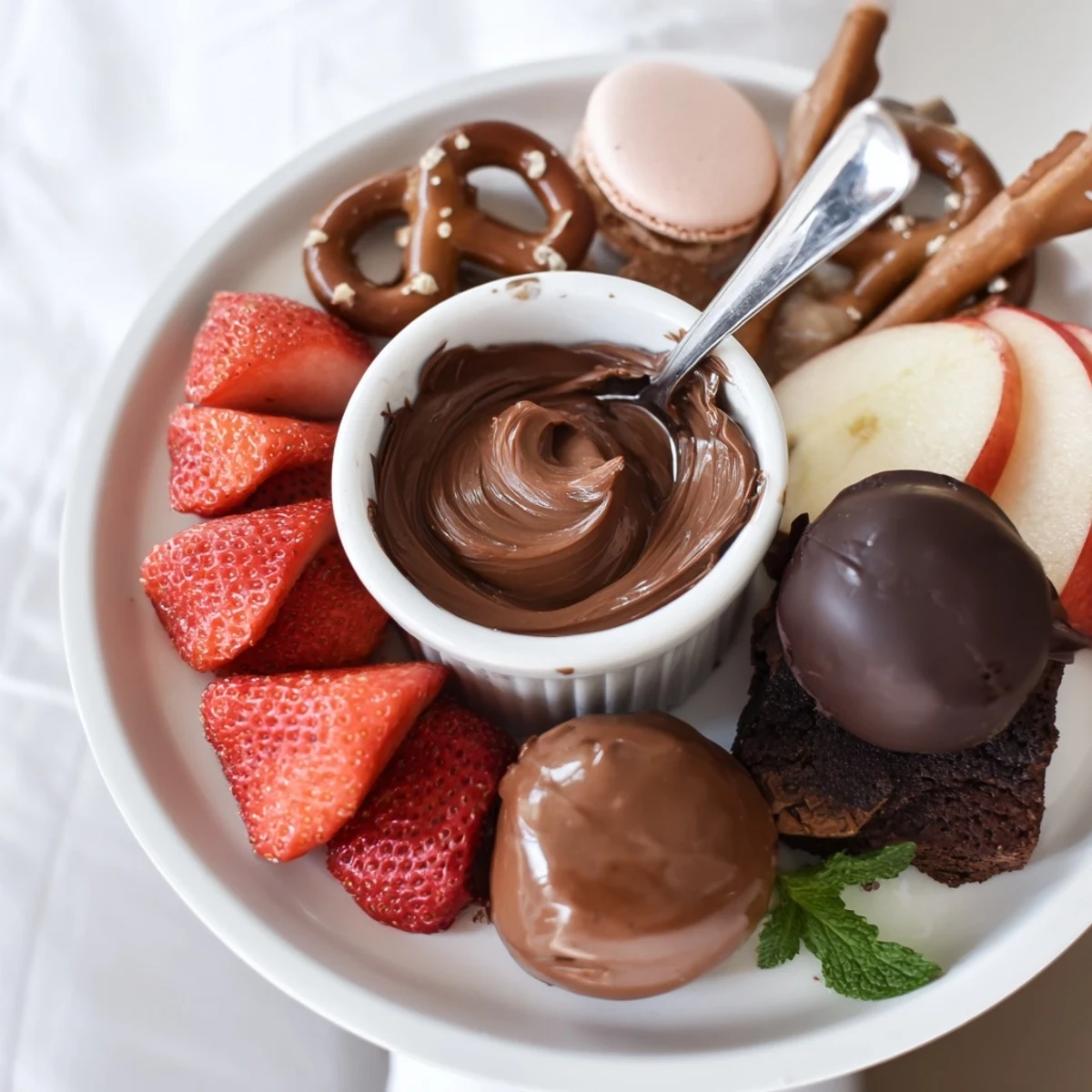 A platter of glossy chocolates, berries, and cookies on a Dessert Charcuterie Board