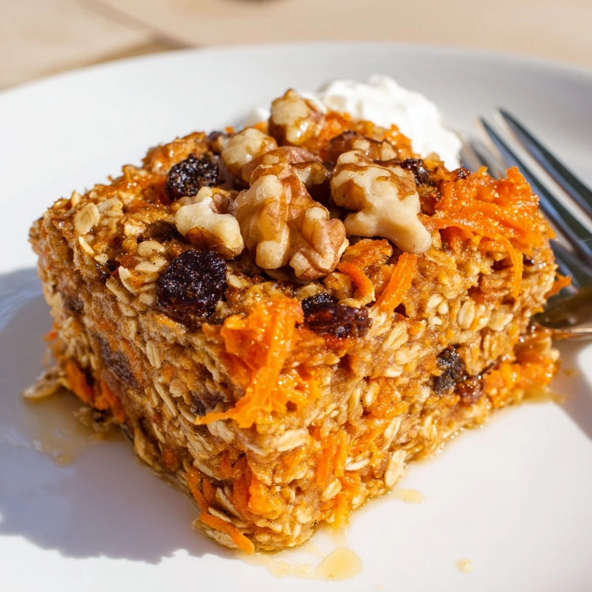 Golden Carrot Cake Baked Oatmeal steaming in dish, ready for yogurt  