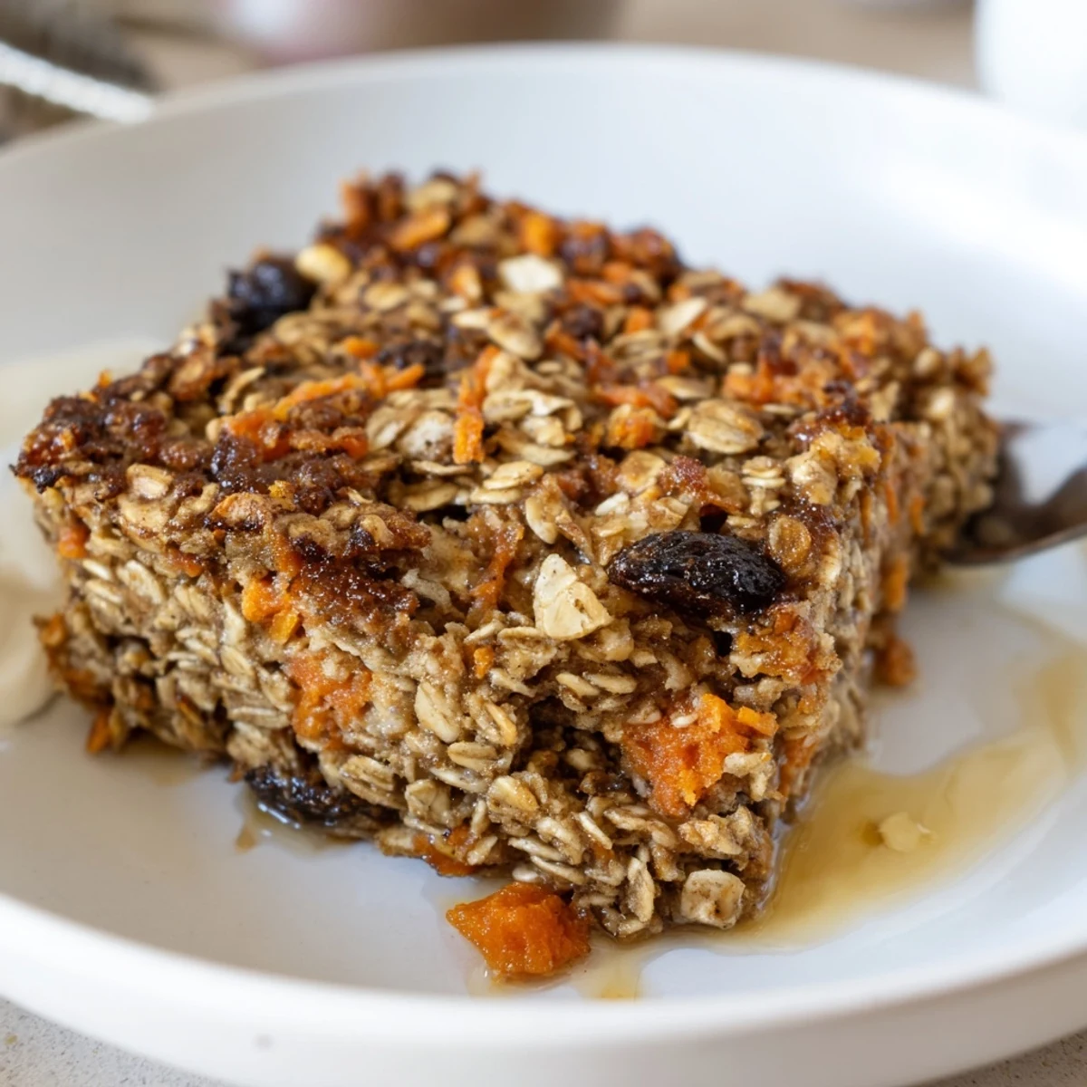 Warm Carrot Cake Baked Oatmeal sliced, cinnamon aroma, raisins and walnuts  