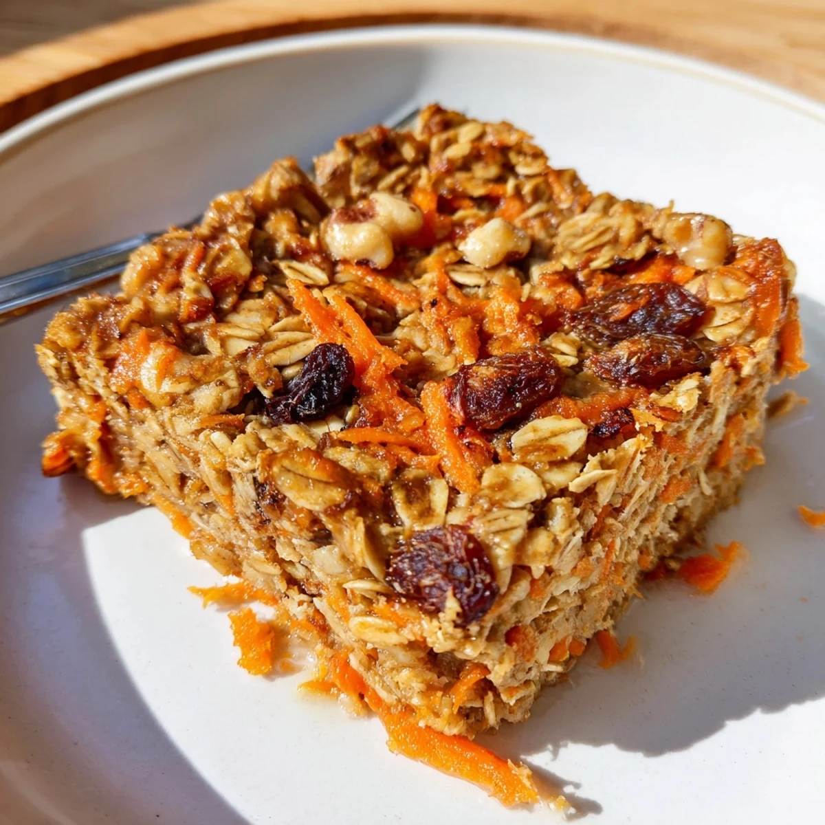 Hearty Carrot Cake Baked Oatmeal with maple drizzle, nutty texture, served warm