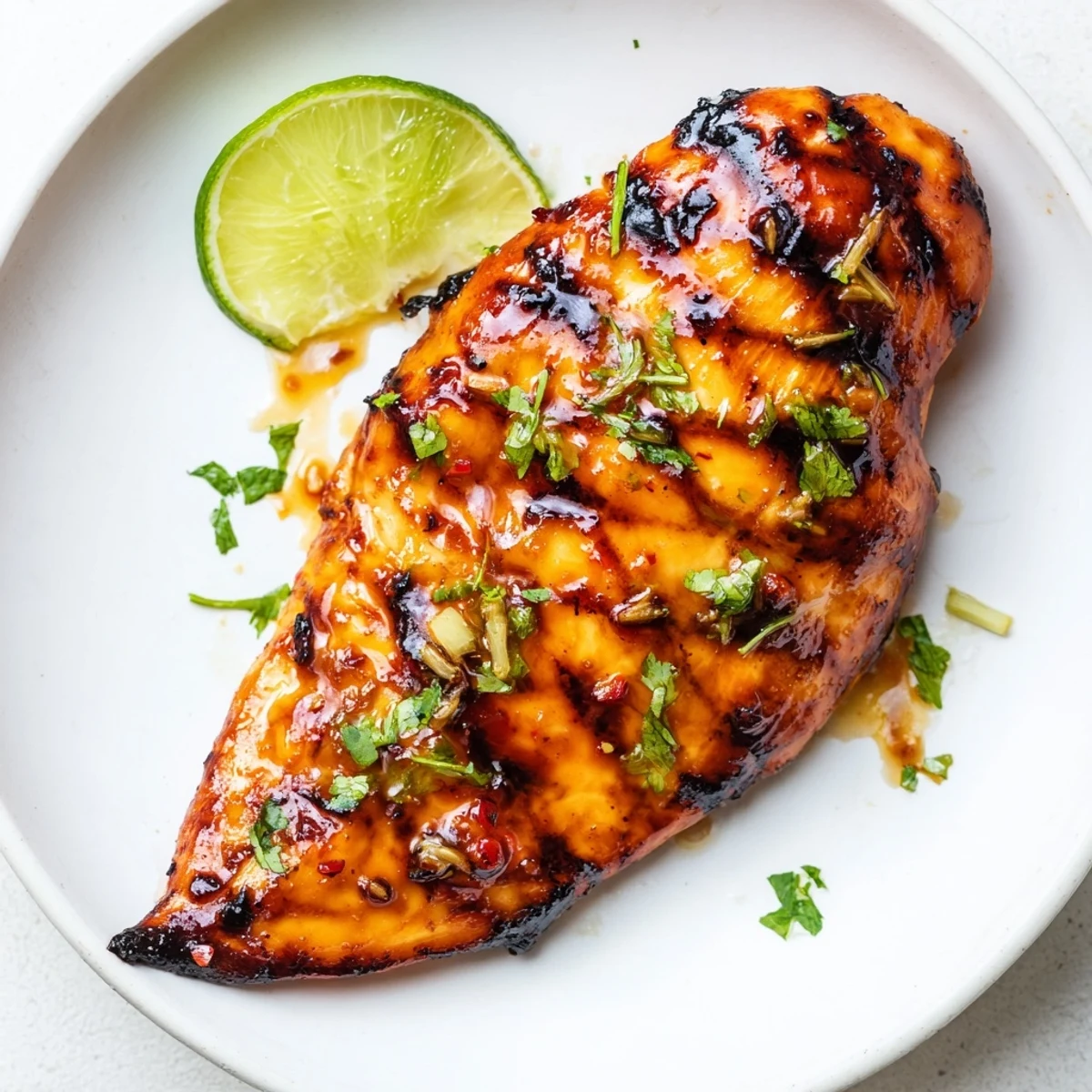 Key West Grilled Chicken With Tropical Citrus Marinade glistening with charred edges, lime wedges