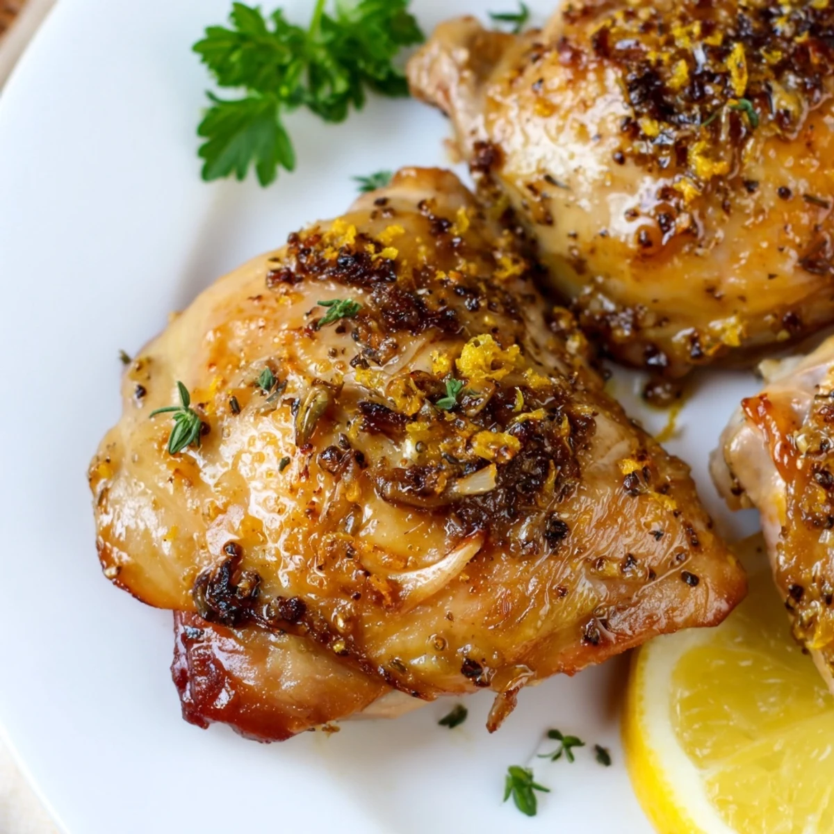 Plated Lemon Pepper Chicken Thighs garnished with chopped parsley and lemon wedges.
