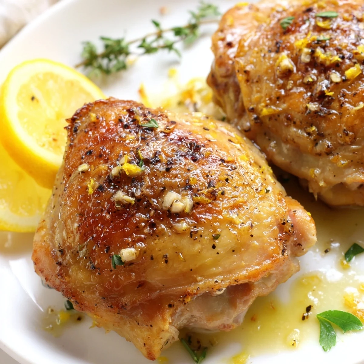 Lemon Pepper Chicken Thighs roasted to golden brown, crispy skin, bright lemon aroma.