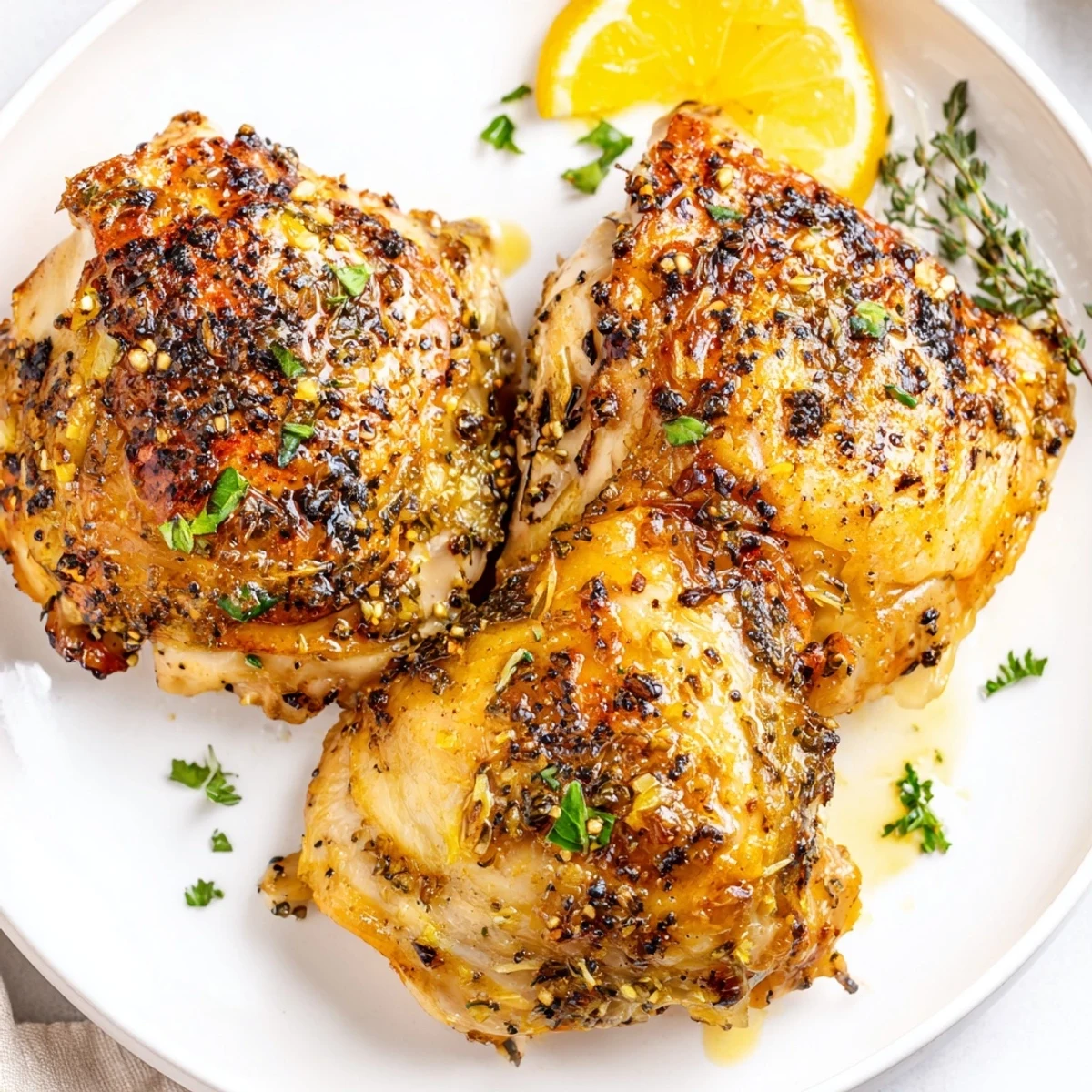 Juicy Lemon Pepper Chicken Thighs marinated in garlic and thyme, served alongside roasted potatoes.