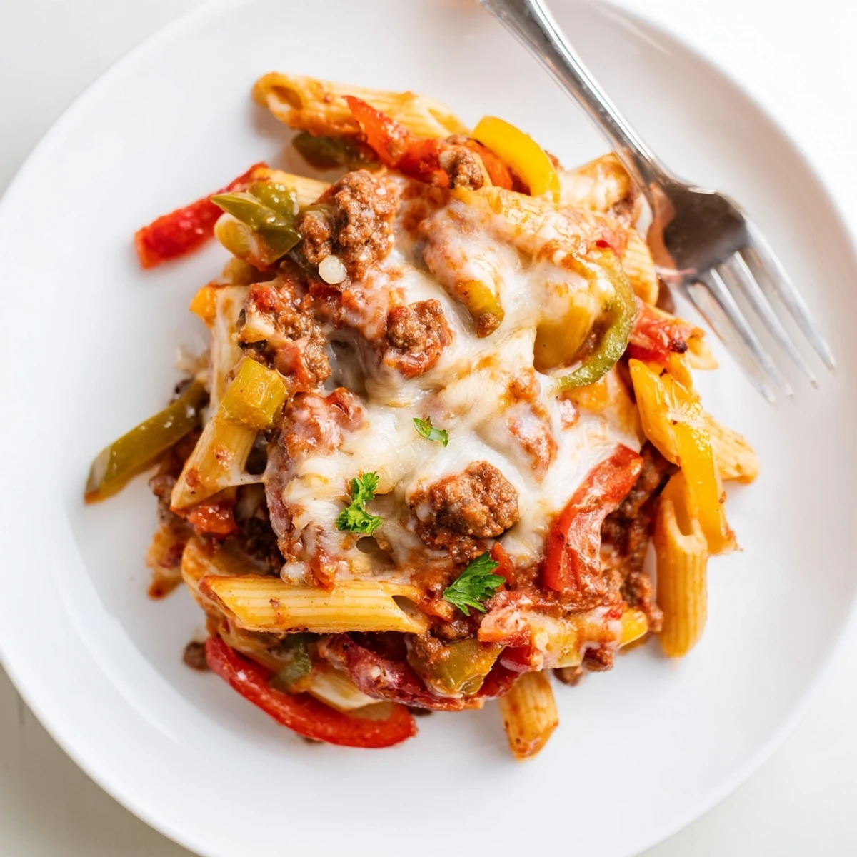 Cheesy Stuffed Pepper Skillet Pasta bubbling with melted mozzarella and roasted peppers