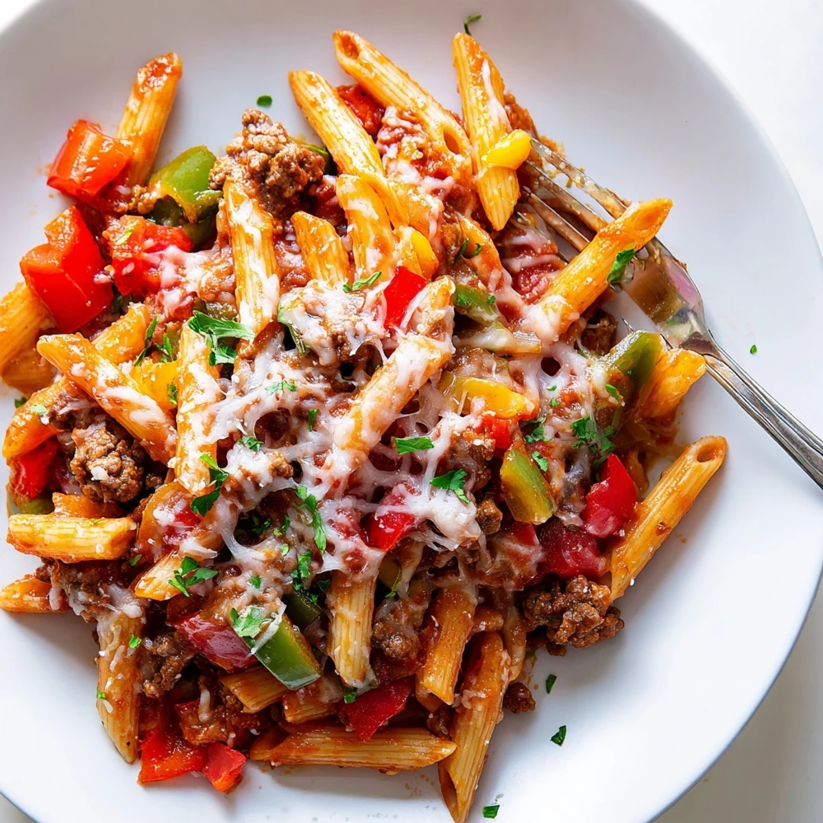 Hearty Cheesy Stuffed Pepper Skillet Pasta in rich tomato-beef sauce, cheese melting